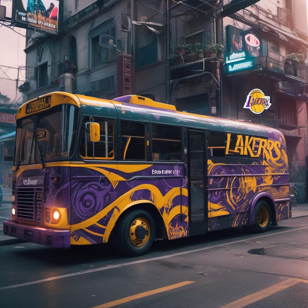  bus food truck des panier de basket ball à 3m du sol decorer au thème des lakers, cyberpunk style