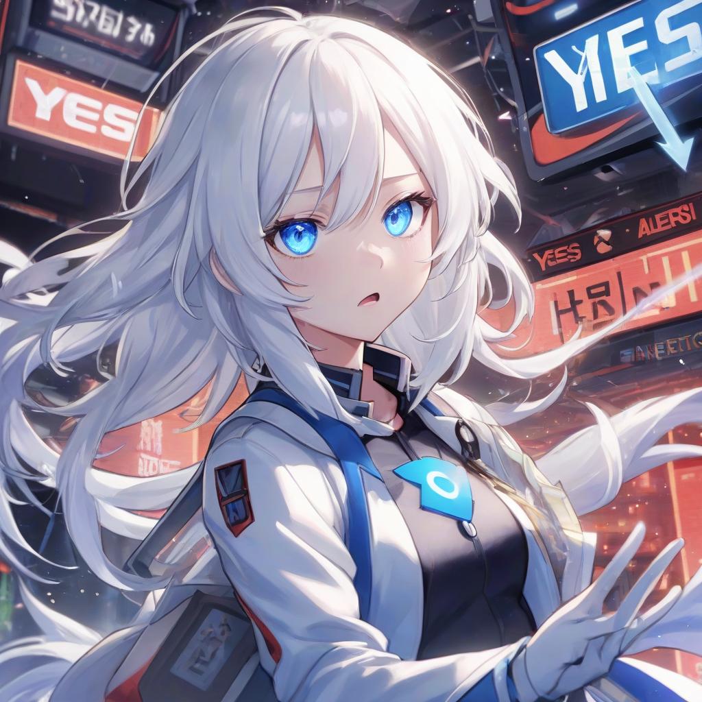  anime artwork the girl with white hair and blue eyes sees a system alert with the words yes/no as in the game . anime style, key visual, vibrant, studio anime, highly detailed