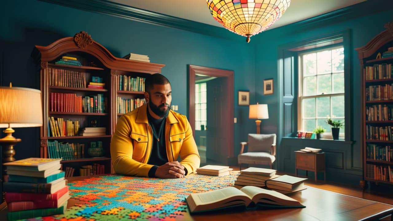  an intricate scene featuring a focused individual surrounded by an array of colorful puzzles, brain teasers, and brain maps, immersed in thought, with a backdrop of a cozy, well lit room filled with books and notes. hyperrealistic, full body, detailed clothing, highly detailed, cinematic lighting, stunningly beautiful, intricate, sharp focus, f/1. 8, 85mm, (centered image composition), (professionally color graded), ((bright soft diffused light)), volumetric fog, trending on instagram, trending on tumblr, HDR 4K, 8K