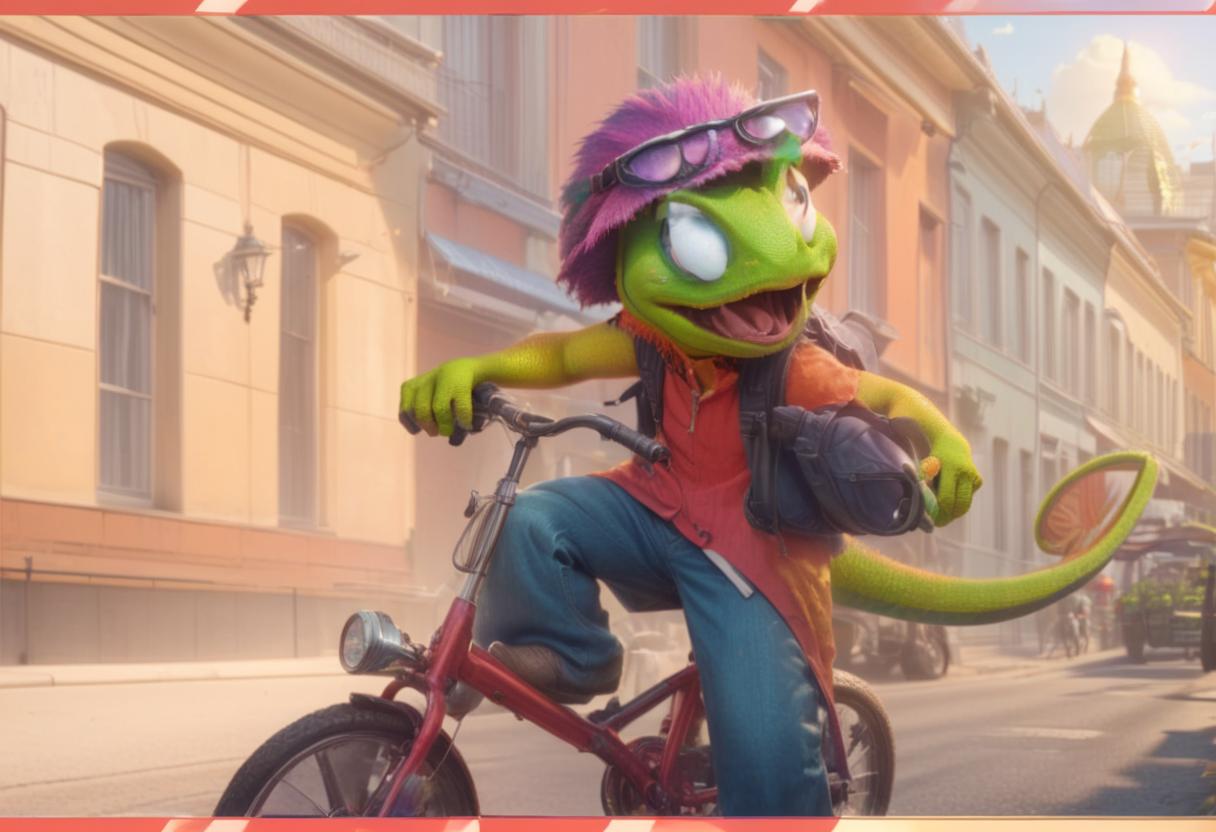  professional 3d model chameleon character on bike, sunny atmosphere, casual render . octane render, highly detailed, volumetric, dramatic lighting, civitai