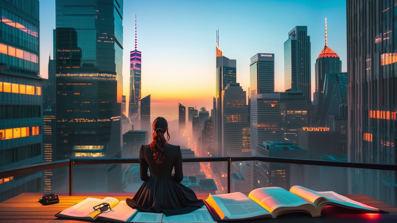  a futuristic city skyline at dusk, with towering skyscrapers and neon lights, while an open book floats in the foreground, pages turning in the wind, symbolizing the connection between literature and cinema. hyperrealistic, full body, detailed clothing, highly detailed, cinematic lighting, stunningly beautiful, intricate, sharp focus, f/1. 8, 85mm, (centered image composition), (professionally color graded), ((bright soft diffused light)), volumetric fog, trending on instagram, trending on tumblr, HDR 4K, 8K