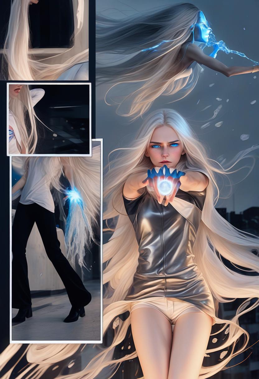  a girl with superpower, releases cold from the palm, a front view, white long loose hair, modern clothes, bright blue eyes