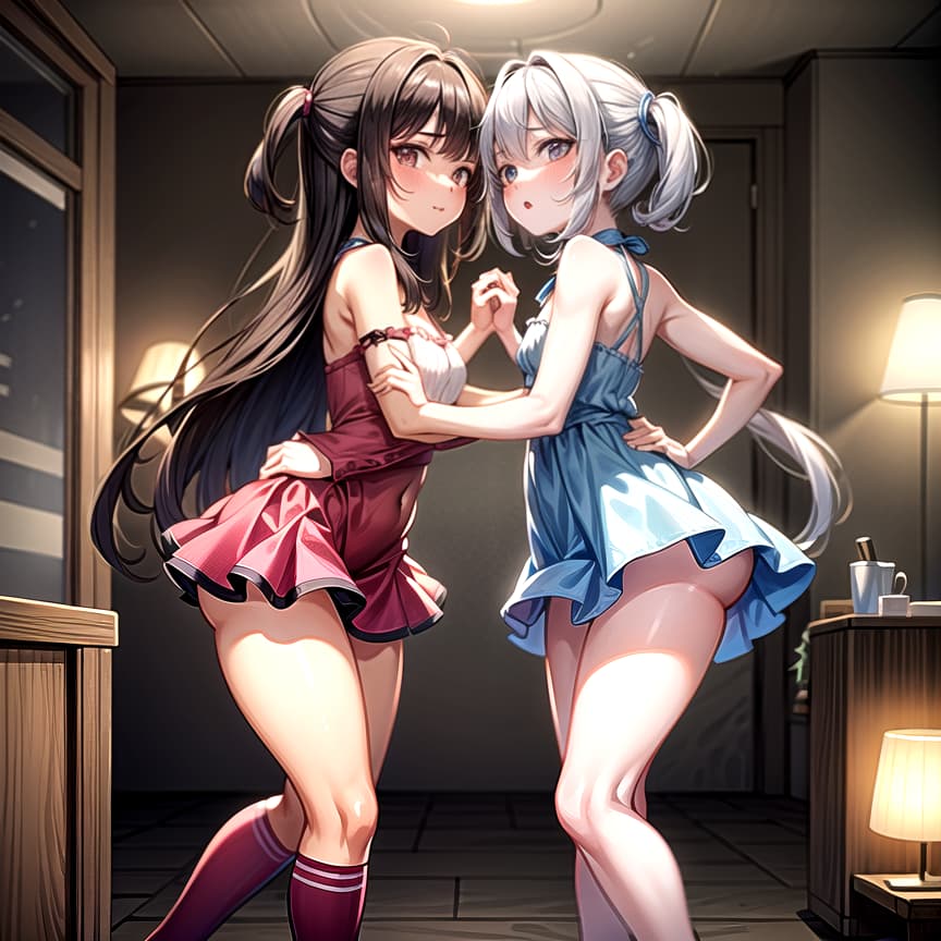  2 women, older, small chest, hugging hips, spank bubble, rear view, standing, indoors, dim lighting, (anime:1.25)