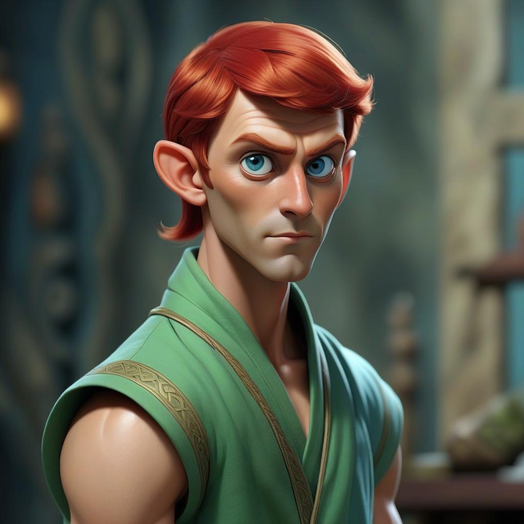  an elf man with short red hair and a short braid at the back, bright red pupils of eyes, tanned skin, dressed in a green robe without sleeves over a blue t shirt, oriental style clothing.