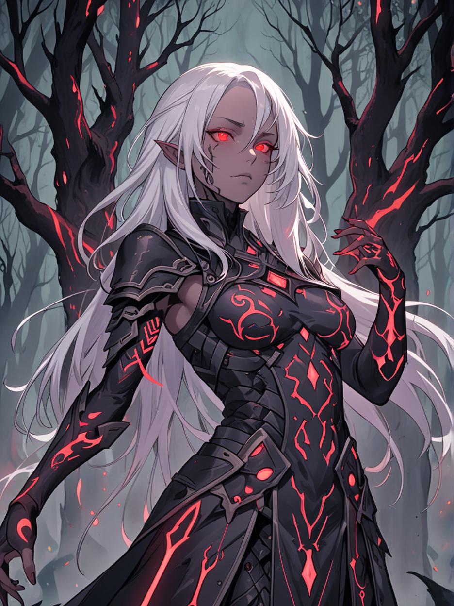  manga artwork an anime photo of a female sorceress wearing a mix of matte black metal with armor of iridescent synthetic cloths. the woman has long white hair, luminescent red eyes, gray skin, and luminescent red scars on her face. the figure is wrapped in a dark garment engraved with runes, woven with luminescent threads that pulsate with a dark red hue. below the garment, visible on the figure's neck and hands, are circuit shaped tattoos that pulsate with electric red energy, integrating seamlessly into the high tech design. the background of the photo is a dark, misty forest at night, with tall, gnarled trees and bioluminescent plants casting a mysterious light. the figure is a sentinel, exuding an aura of dark wisdom and arcane power, i