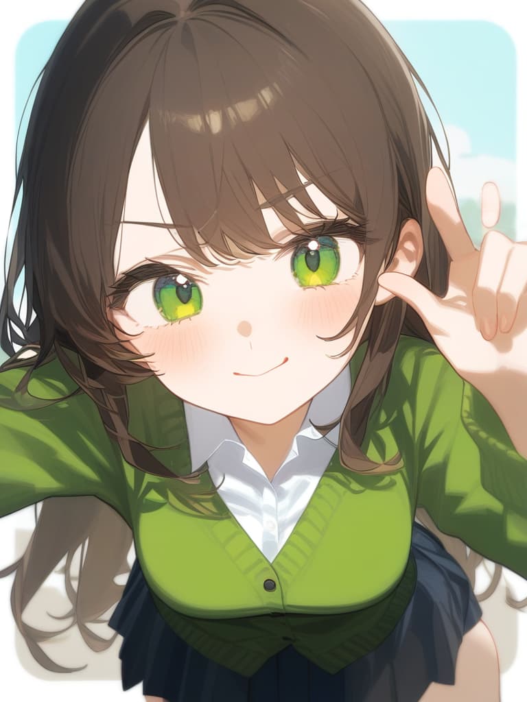  cute face focus,cute,brown hair,green eyes,y posing,cardigan,pleats skirt ,long hair