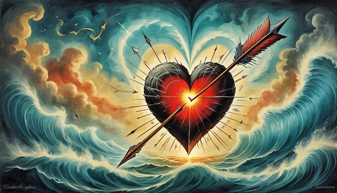  on parchment, surrealism+++, a glowing arrow striking the center of a pulsating heart, waves of energy emanating from the impact, intense and vivid, dramatic tension(mysterious, provocative, symbolic,muted color)+++