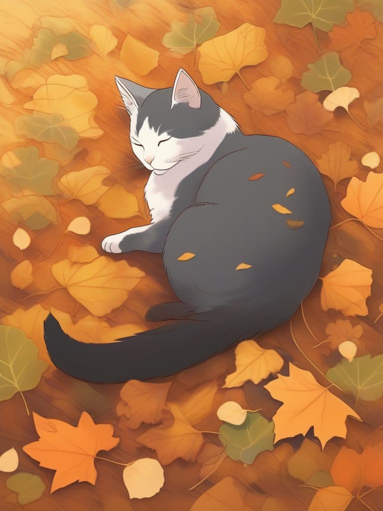  1cat ,japanese cat,cat sleeping on fallen leaves,falling ginkgo leaves,ginkgo forest,midday sunshine,