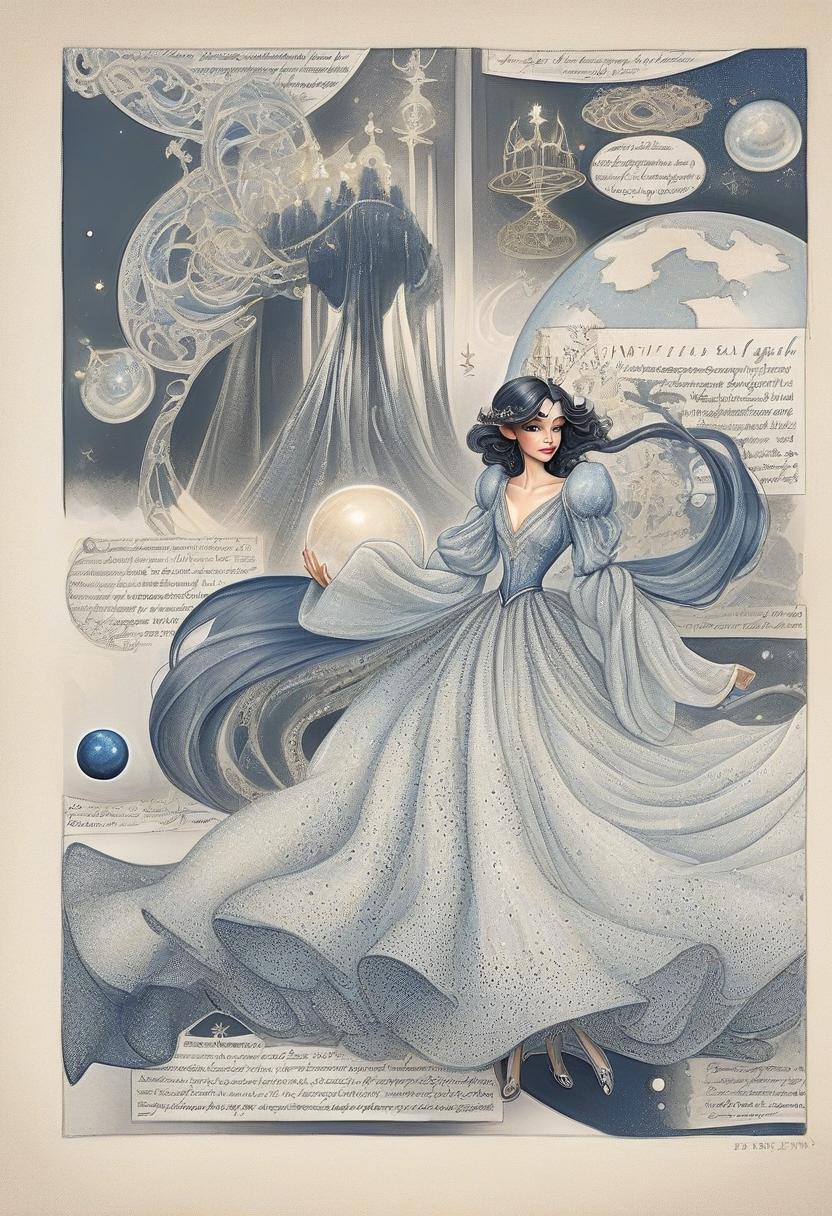  fairy tale enchantress in dark blue shimmering evening dress with airy long sleeves holding a small planet. her dark wavy hair is loose. photorealism. looking directly into the camera. . magical, fantastical, enchanting, storybook style, highly detailed, hkmagic, perfect hands