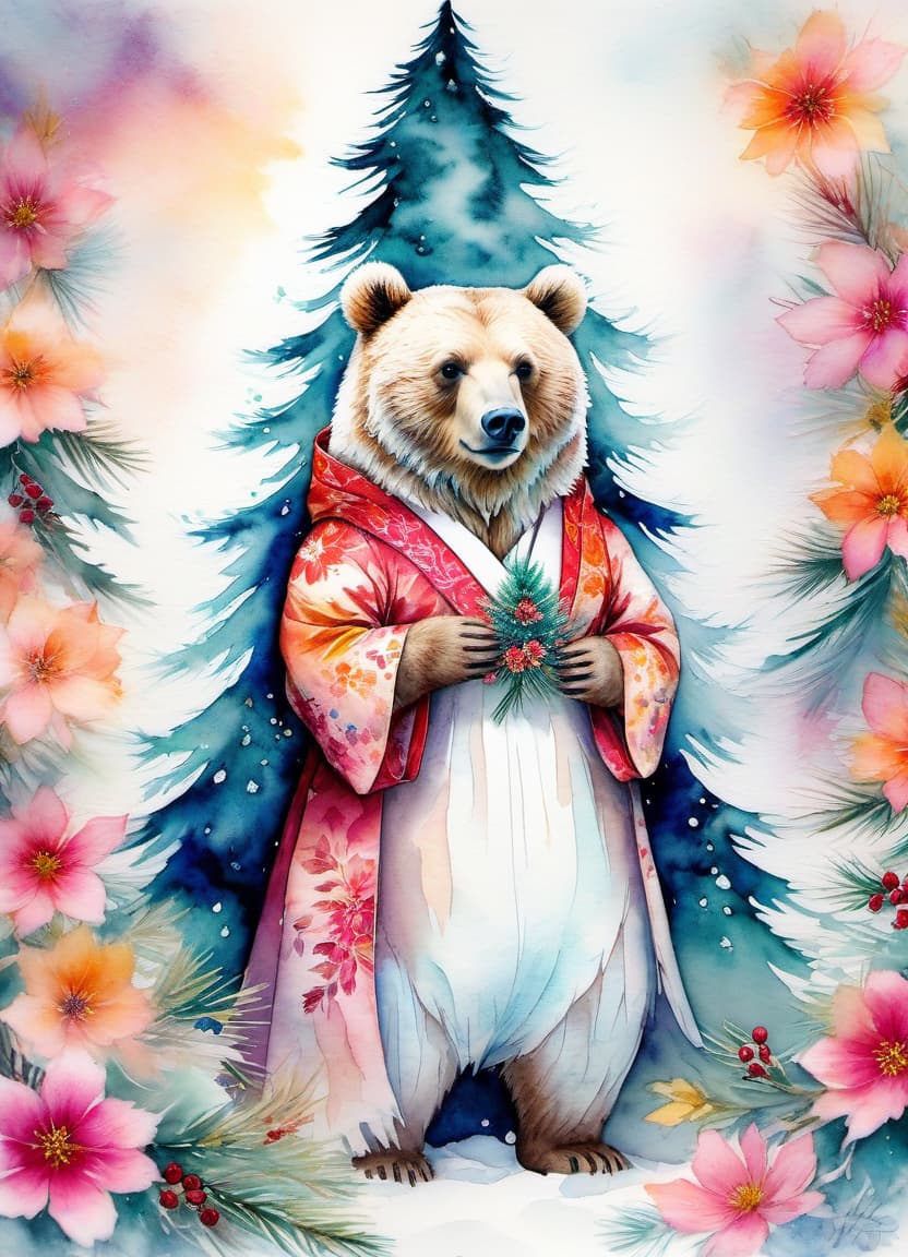  fairy tale christmas trees with cones, a bear in a kimono, (double exposure: 1.4). (soft textured paper). alcohol ink of (bright) flowers. the incompleteness effect. tenderness of watercolors, winter, delicate colors. thin white lines. emotion. light relief pattern. . magical, fantastical, enchanting, storybook style, highly detailed