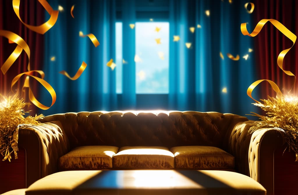  cinematic film style, celebration background with golden ribbons in the air ar 3:2, shallow depth of field, vignette, maximum details, high budget hollywood movie, bokeh, cinemascope, moody, epic, gorgeous, sun rays and shadows on furniture and surfaces, flattering light, raw photo, photography, photorealistic, 8k resolution, f1.4, sharpened focus, sharp focus