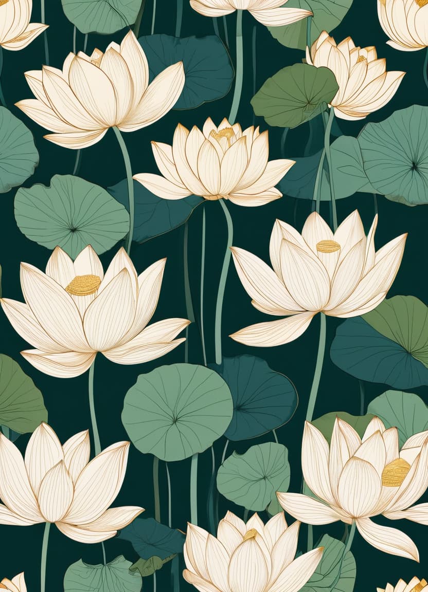  minimalism, the images features individual lotus flowers and leaves, each illustrated with fine detail, highlighting their unique textures and curvature. the flowers and leaves vary. each plant carries its own distinct form, emphasizing their organic and fluid shapes., abstract, simple geometic shapes, hard edges, sleek contours, minimalism