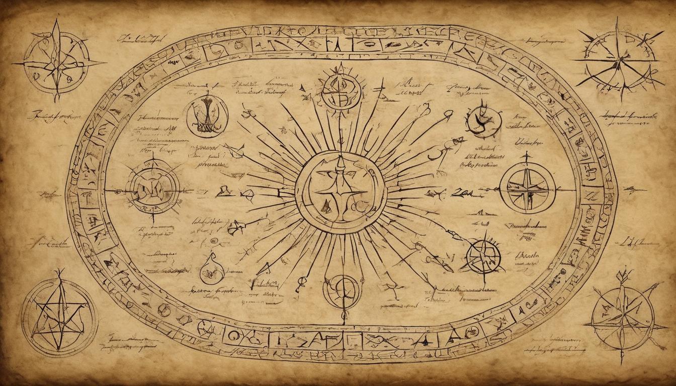  on parchment, surrealism++, intricate, glowing sigils etched into stone, radiant, ethereal, symbols of battles fought and wisdom gained(mysterious, provocative, symbolic)++