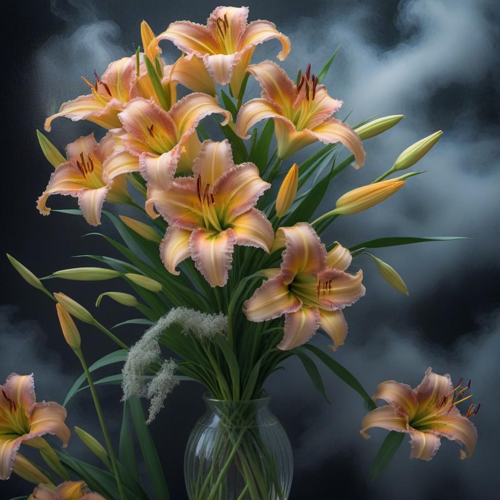  Bouquet of daylilies hyperrealistic, full body, detailed clothing, highly detailed, cinematic lighting, stunningly beautiful, intricate, sharp focus, f/1. 8, 85mm, (centered image composition), (professionally color graded), ((bright soft diffused light)), volumetric fog, trending on instagram, trending on tumblr, HDR 4K, 8K