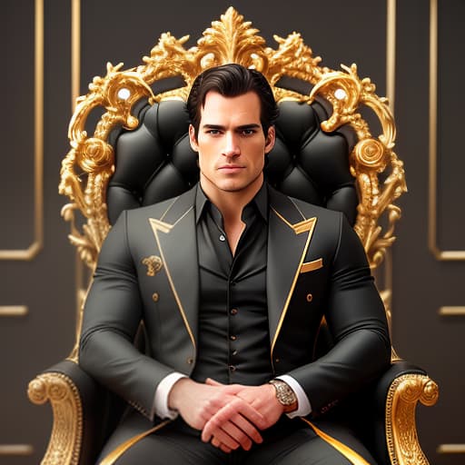  Henry Cavill with golden predatory eyes, in a black fitting suit with golden adornments, sits in a white chair. hyperrealistic, full body, detailed clothing, highly detailed, cinematic lighting, stunningly beautiful, intricate, sharp focus, f/1. 8, 85mm, (centered image composition), (professionally color graded), ((bright soft diffused light)), volumetric fog, trending on instagram, trending on tumblr, HDR 4K, 8K