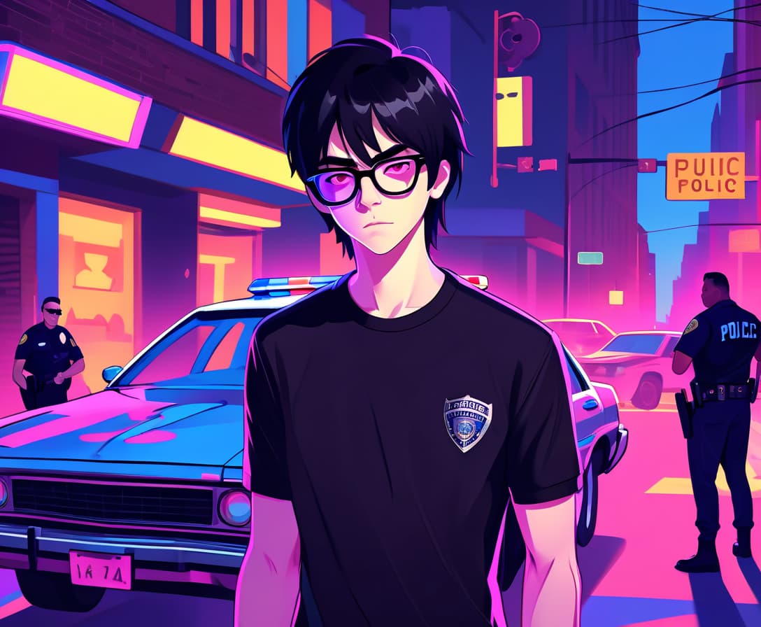  draw a young guy in a black jersey wearing black hair glasses under a car in a neon town against the background of a us police car