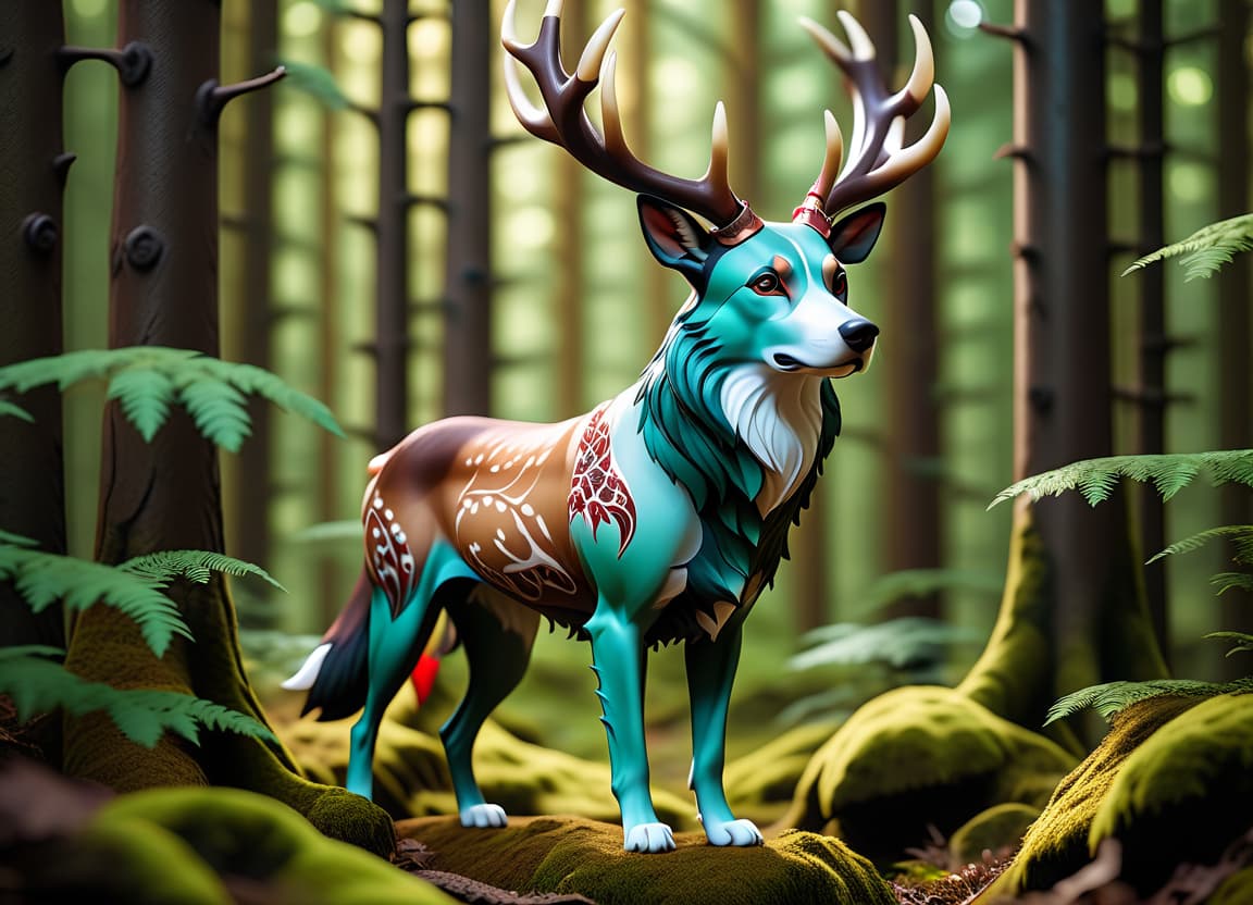  cinematic photo animal, mythical animal, dog with full stag horns, forest, dog, forest spirit animal, forest spirit, patterns, unusual color, full height, stands sideways . 35mm photograph, film, bokeh, professional, 4k, highly detailed