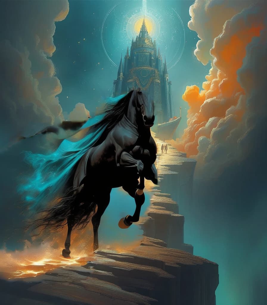  a dark rider in a hood with a fluttering cloak in smoke and dust, ((a rear view the correct anatomy of a horse)); journey is the only way the mind path will ever show itself through your heart into eternities bliss