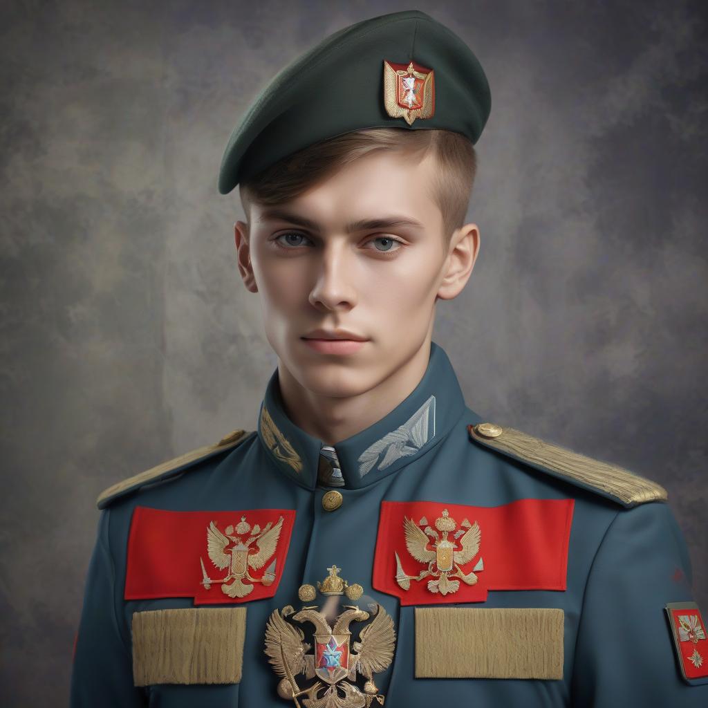  photorealistic picture. russian young modern soldier in military equipment against the background of the russian flag with the coat of arms of russia.