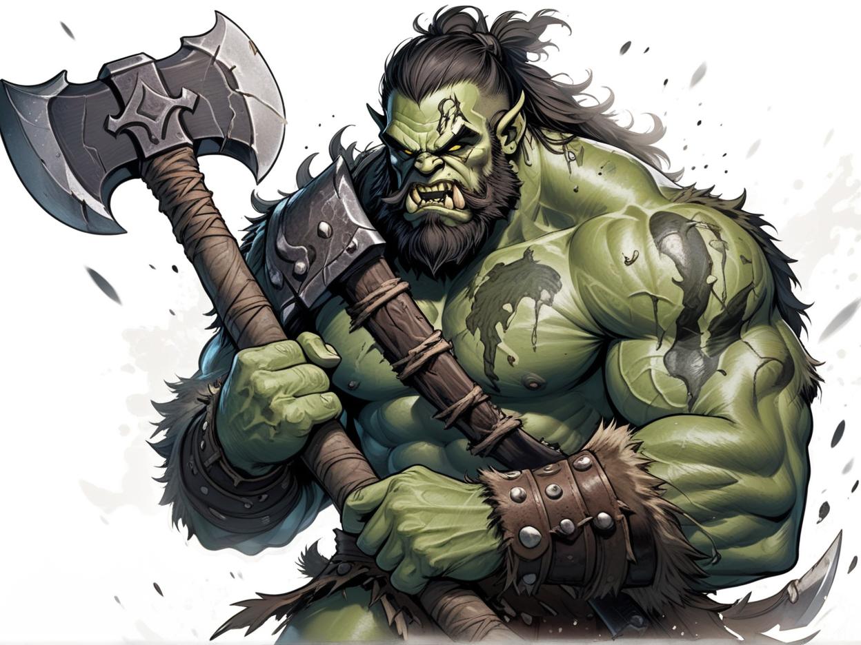  manga artwork a muscular green skinned battle scarred orc barbarian with a bushy beard is wielding a great axe; dark ambience. manga artist. manga, highly emotional. best quality, high resolution