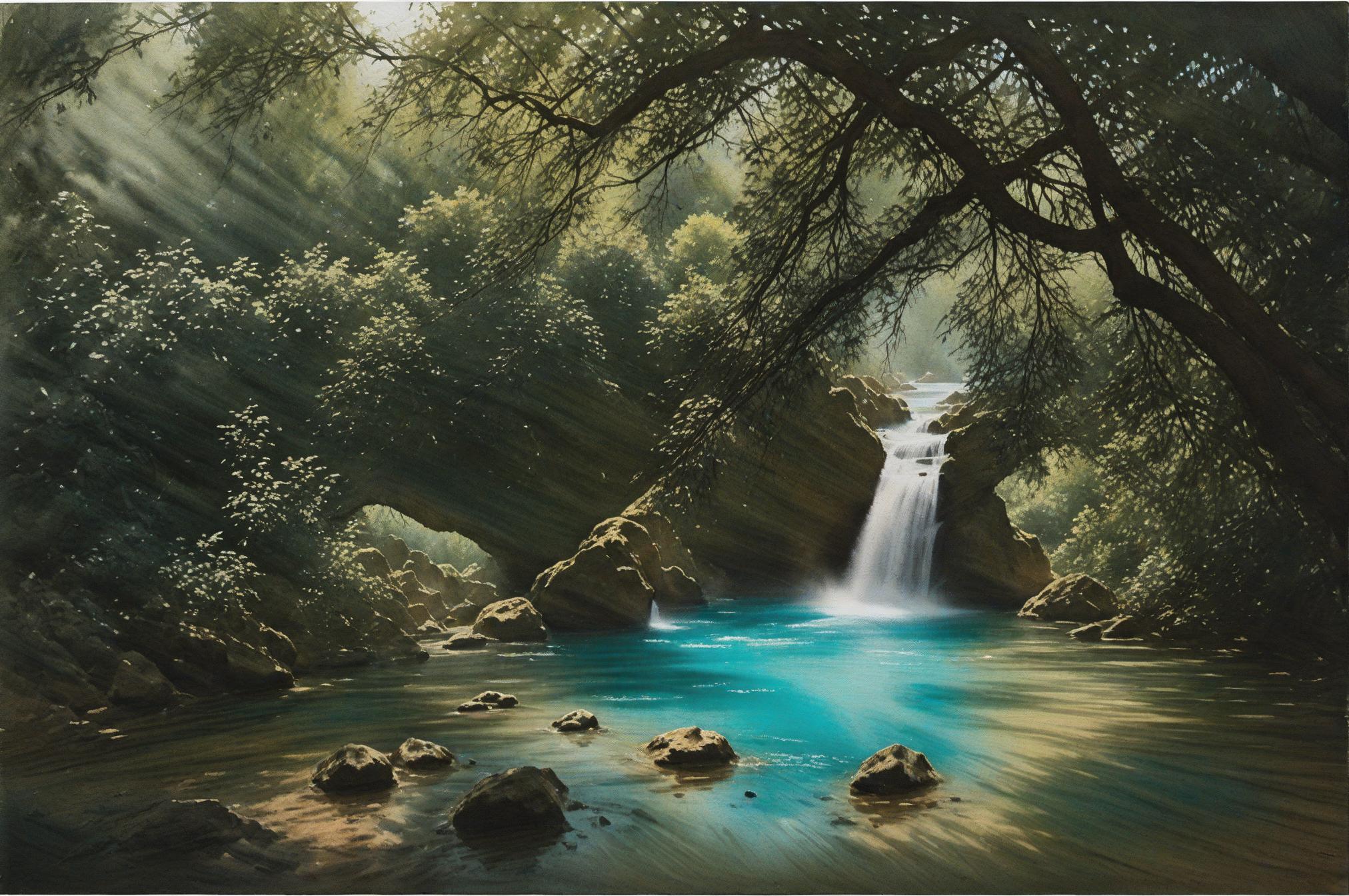  watercolor in the style of remy lach, turquoise pool with white cascading waterfall surrounded by lush, dense forest and vegetation, framed by leafy branches on a bright day., spontaneous brushstrokes, natural light play, serene mood, delicately blended colors, artful composition, centered framing, subtle color transitions, diffuse illumination, soft shadow interplay hyperrealistic, full body, detailed clothing, highly detailed, cinematic lighting, stunningly beautiful, intricate, sharp focus, f/1. 8, 85mm, (centered image composition), (professionally color graded), ((bright soft diffused light)), volumetric fog, trending on instagram, trending on tumblr, HDR 4K, 8K