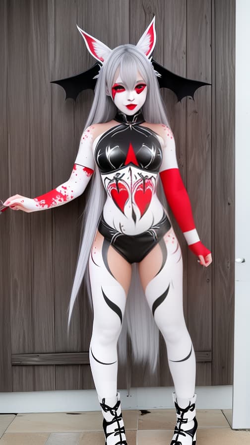  White and red bat pattern body paint in every corner of the body, silver body paint all over the body, Grey face paint on the face, Two dark elfs, full body image 女性