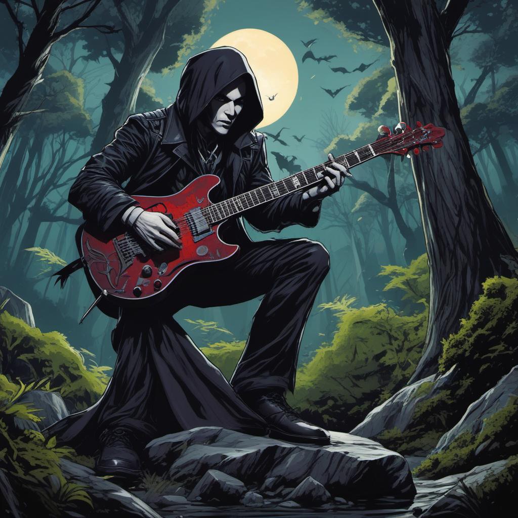  un vampire guitare hero dans une forêt hantée , comic style, manga and manhwa style, painting style