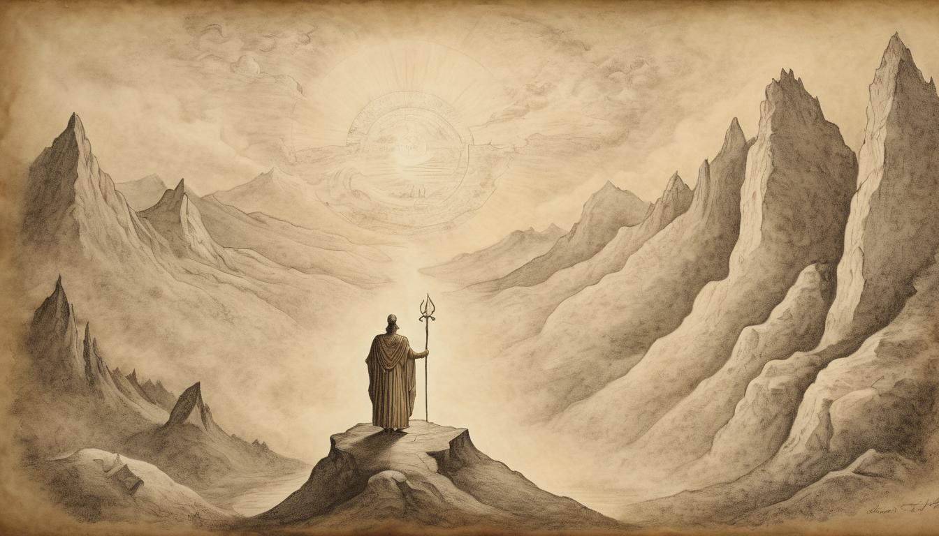  on parchment, surrealism++, man facing mountainous terrain, divine figure beside, path clearing, ethereal glow guiding way, overcoming obstacles, empowered journey, divine support(mysterious, provocative, symbolic)++