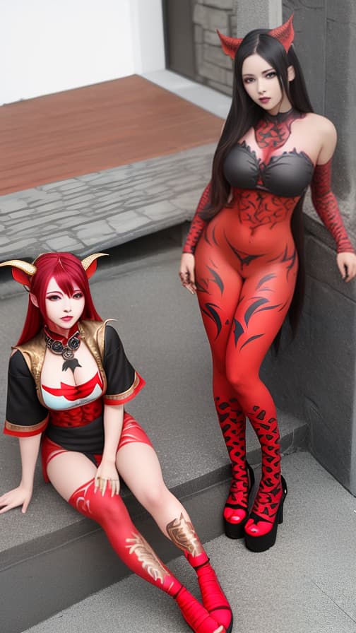  Red and G old dragon pattern face paint, golden dragon and red dragon pattern body paint in every corner of the whole body, Grey body paint, two dark elf sisters, full body image 女性