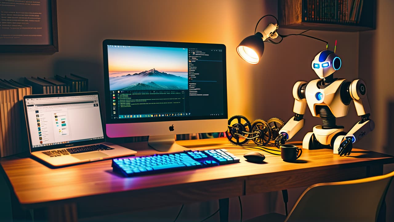  a cozy workspace featuring a beginner's robotics kit, colorful wires, a laptop displaying coding software, and a small robotic arm in progress, surrounded by diagrams of circuits and gears, illuminated by soft natural light. hyperrealistic, full body, detailed clothing, highly detailed, cinematic lighting, stunningly beautiful, intricate, sharp focus, f/1. 8, 85mm, (centered image composition), (professionally color graded), ((bright soft diffused light)), volumetric fog, trending on instagram, trending on tumblr, HDR 4K, 8K