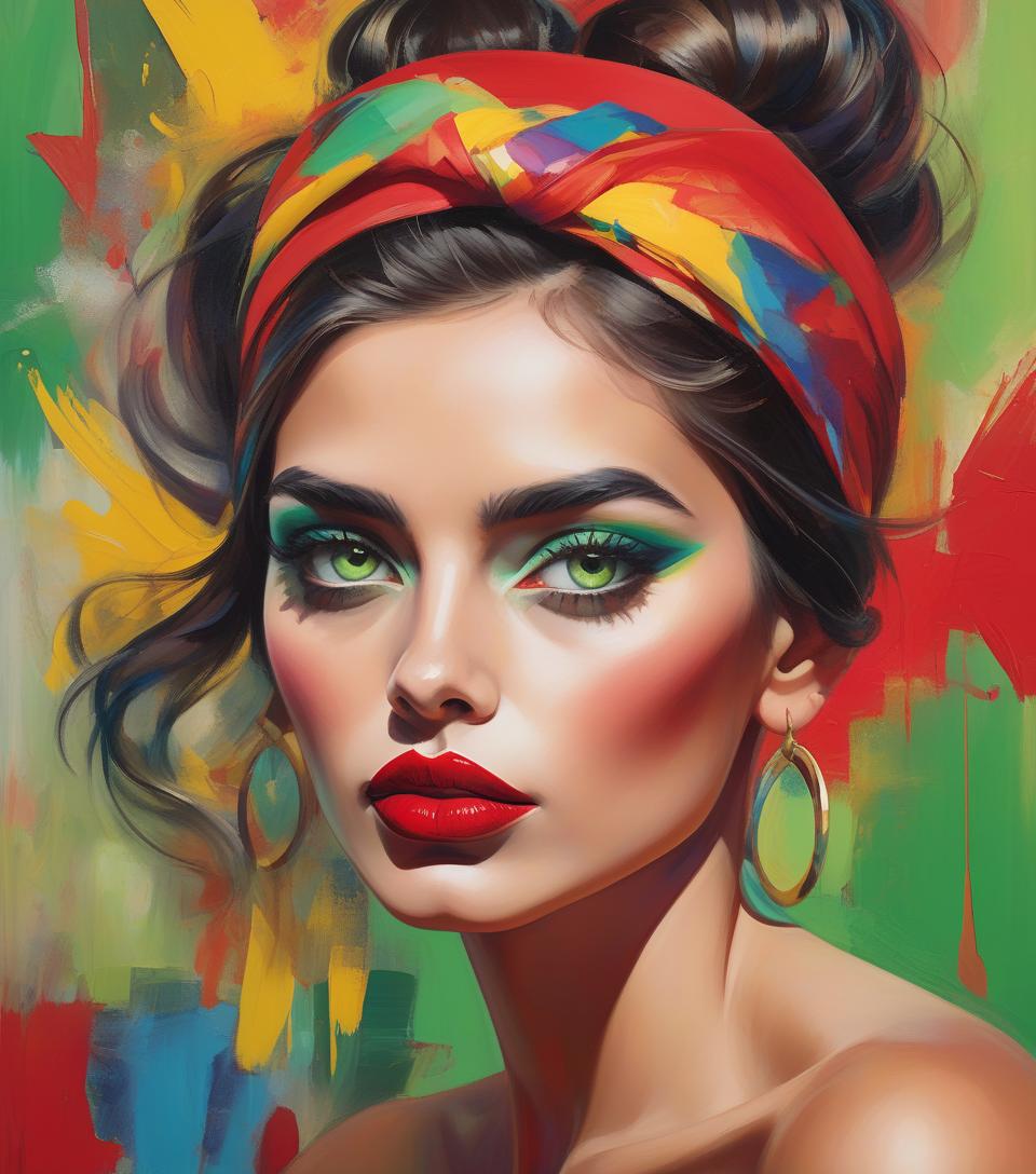  a vibrant painting of a woman with striking eyes, wearing a colorful headband, and bold red lips, set against a multicolored abstract ba a close up portrait of a woman with vibrant, multicolored brushstrokes on her face, highlighting her striking green eyes and red lipsckground.