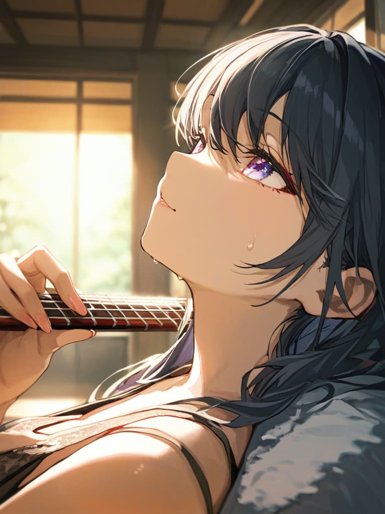  playing girls, kimonos, black hair, shamisen, masterpiece, best quality,8k,ultra detailed,high resolution,an extremely delicate and beautiful,hyper detail