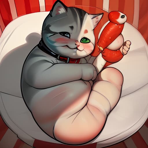  red striped fat giant fat with obesity very cute baby kitten with white tummy and white legs, eyes heterochromia kitten smiles he's happy and eats fish he has a green collar