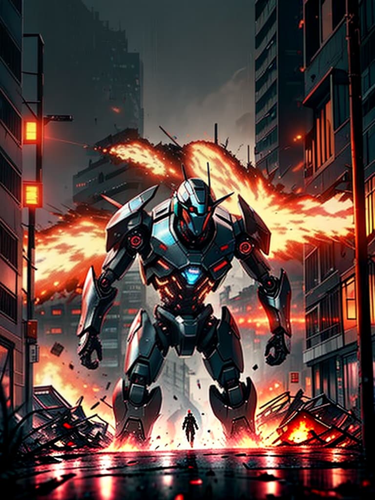  A photo of AI Robots attacking a city, a battle between machine and man, burning buildings and a deluge of blood and bodies in the streets.