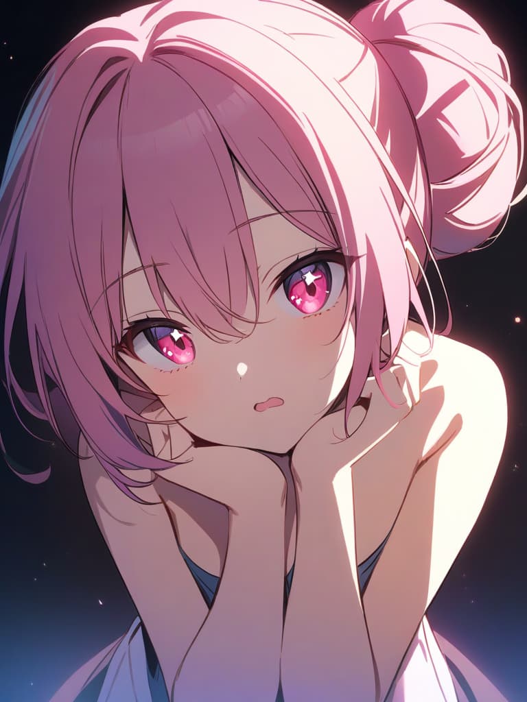  ((beautiful,pretty girl,bun hair,cute,sparkly eyes,pink eyes,omega shaped mouth,bob hair,pink hair,resting chin on hand))、ultra detailed,best shadow,cute and beautiful face,(masterpiece:1.2),(best quality:1.2),detailed background,high contrast,(best illumination,an extremely delicate and beautiful),((cinematic light)),hyper detail,dramatic light,intricate details,8k,anime,very aesthetic