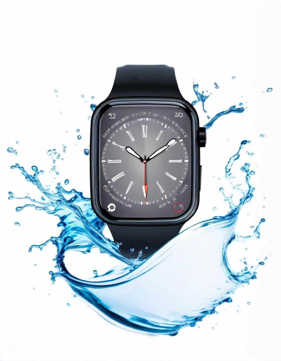  smart watch on a white background, around beautiful splashes of water, film photography style