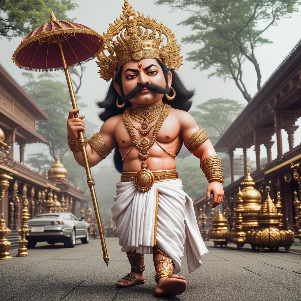  create image of king mahabali hyperrealistic, full body, detailed clothing, highly detailed, cinematic lighting, stunningly beautiful, intricate, sharp focus, f/1. 8, 85mm, (centered image composition), (professionally color graded), ((bright soft diffused light)), volumetric fog, trending on instagram, trending on tumblr, HDR 4K, 8K