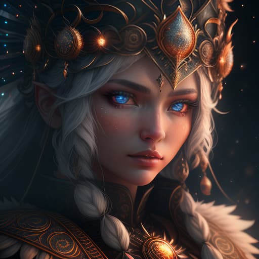  Shaman Empire emblem, a girl from fire in close up wearing shaman attire in the center, a frame of fire and stars around her, pictured against a backdrop of a starry sky and a giant white moon, high detail, three dimensional volumetric image, high quality, ultra HD., (intricate details:1.12), hdr, (intricate details, hyperdetailed:1.15) hyperrealistic, full body, detailed clothing, highly detailed, cinematic lighting, stunningly beautiful, intricate, sharp focus, f/1. 8, 85mm, (centered image composition), (professionally color graded), ((bright soft diffused light)), volumetric fog, trending on instagram, trending on tumblr, HDR 4K, 8K