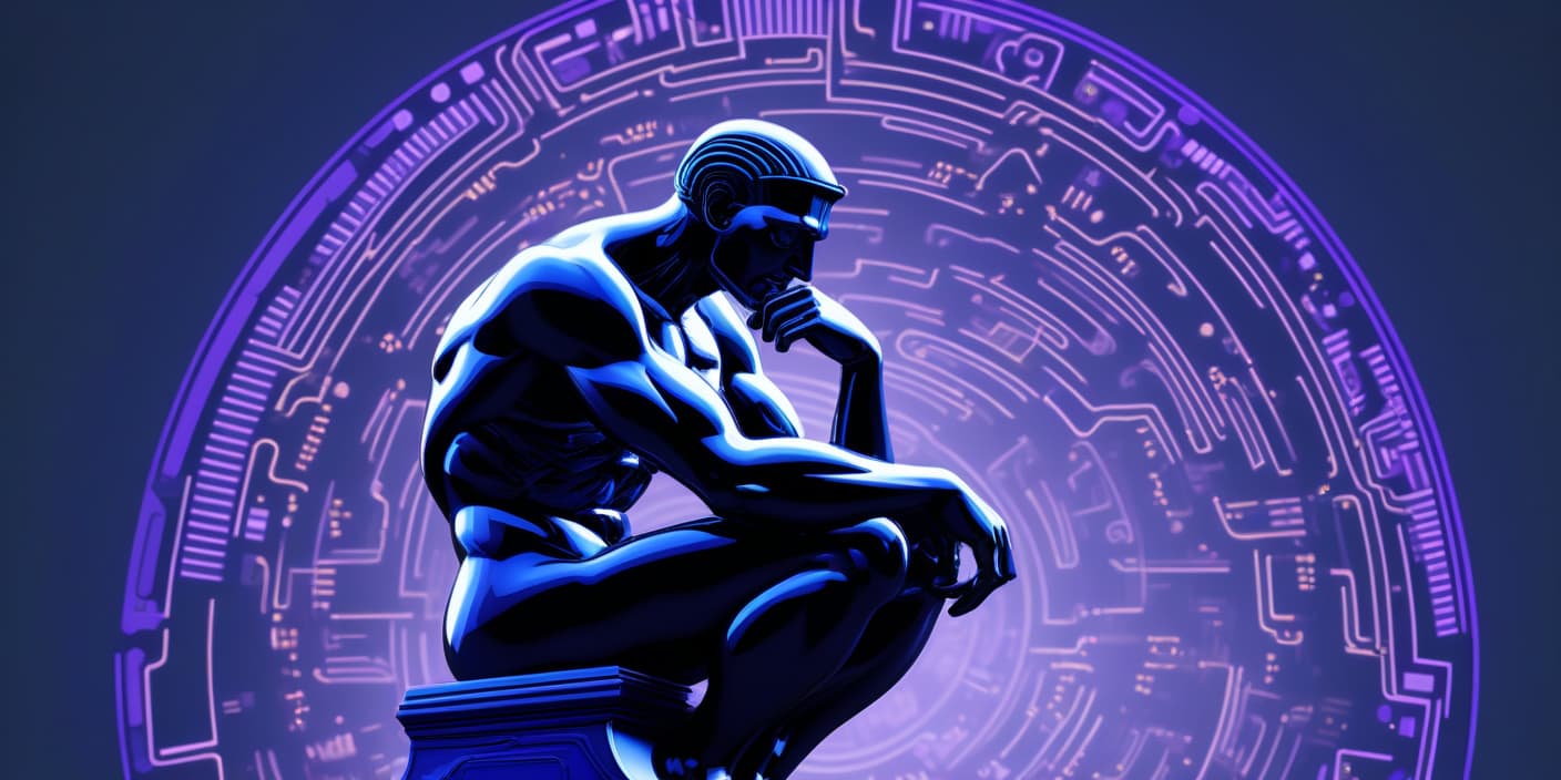  create an ai generated image in a 16:9 aspect ratio. the central figure should be a modern reinterpretation of "the thinker," positioned in the center right of the frame. the background should feature a blue and purple circuit board aesthetic, giving a tech inspired look. the image should be suitable for use as a banner and thumbnail for a youtube channel titled "the thinking machine."