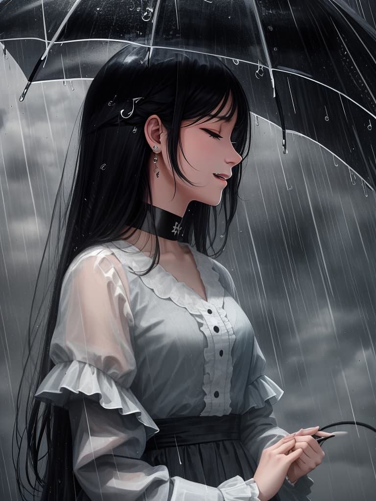  girls, profile struck by the rain, smiling mouth while closing eyes, black haired side tail, girl, choker, piercing, hairpin, rain, night, no emptiness, nothing, only one girl in a clear world, lonely ,it rains, masterpiece, best quality,8k,ultra detailed,high resolution,an extremely delicate and beautiful,hyper detail