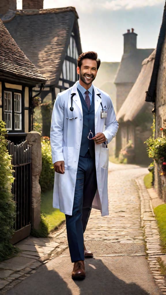  doctor making a house call in a sleepy english village, warm smile, hiding a sinister secret hyperrealistic, full body, detailed clothing, highly detailed, cinematic lighting, stunningly beautiful, intricate, sharp focus, f/1. 8, 85mm, (centered image composition), (professionally color graded), ((bright soft diffused light)), volumetric fog, trending on instagram, trending on tumblr, HDR 4K, 8K