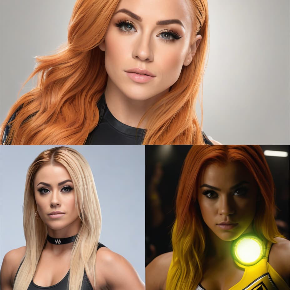  wwe becky lynch has orange hair and ufc paige vanzant has blonde hair and yellow dino ranger kira ford, dark brown hair photo realistic, highly intricate and detailed, masterpiece, ultra high res,photography,8k resolution