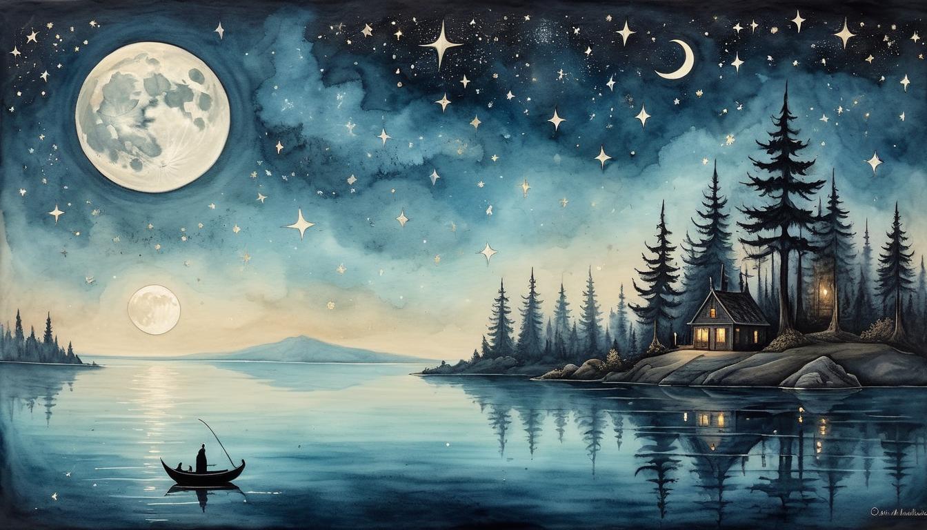  on parchment, surrealism+++, calm waters reflecting a crescent moon, night sky dotted with stars, peaceful and introspective, sense of acceptance(mysterious, provocative, symbolic,muted color)+++