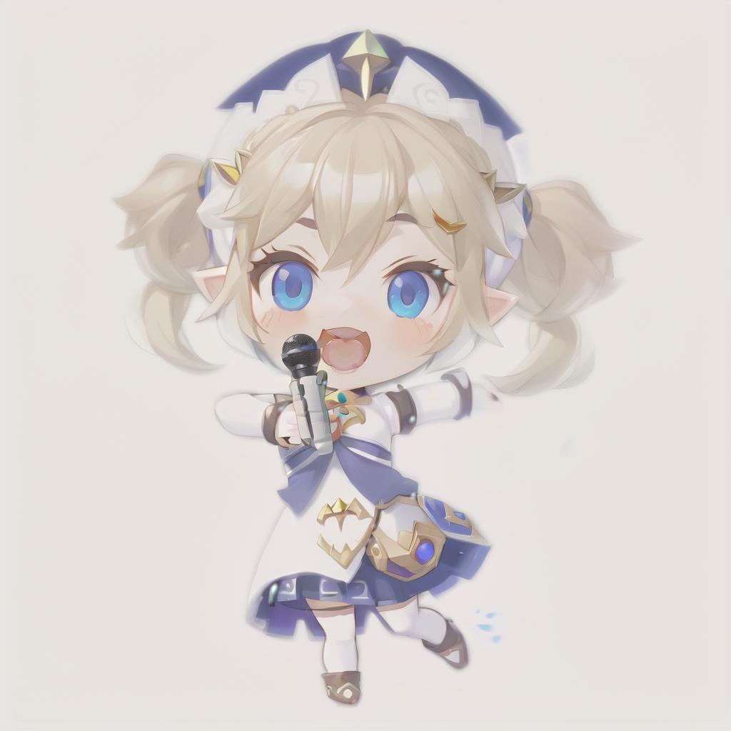  legend of zelda style anime chibi cute girl barbara from genshin impact with microphone in hand . vibrant, fantasy, detailed, epic, heroic, reminiscent of the legend of zelda series, perfect hands