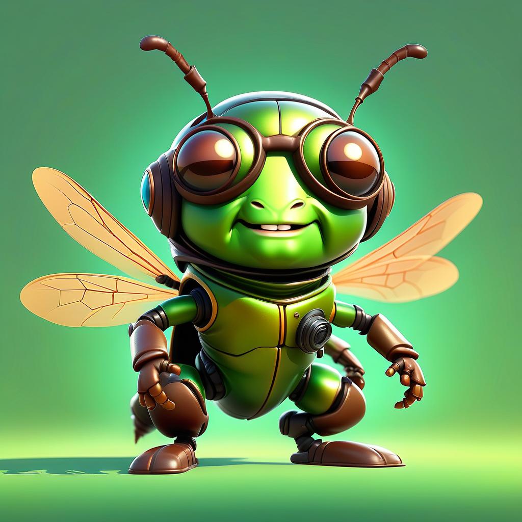  cute cartoon insect beetle character with a green body, big expressive eyes and a smile on his lips. on his head he has a huge brown helmet with goggles, giving him an adventurous look. the insect beetle stands confidently holding a blaster, he has graceful wings and long tendrils. the background is simple and bright inside the starship to emphasize the charm of the funny character with the weapon.