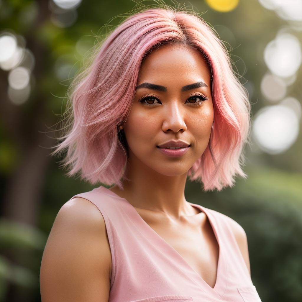  (((realistic full torso frontal head shot of a light tan skin tone woman))), kaede nana abe, ((japanese heritage)), immature face, hazel eye color, ((bob hair style)), ((pink hair color)), ((skinny body type)), medium size, athletic size, (immature small straight nose), (immature defined cheekbones), (immature soft jawline), (immature full lips), (immature low forehead), (immature arched eyebrows), (immature smooth chin), standing straight looking directly into the camera,((wearing fitted polo shirt with deep v neck and monogrammed pocket)), backyard in background, 1girl, best quality, highest quality, award winning photo, masterpiece, raw, professional photography, photorealism, sharp focus, cinematic, high resolution, sha hyperrealistic, full body, detailed clothing, highly detailed, cinematic lighting, stunningly beautiful, intricate, sharp focus, f/1. 8, 85mm, (centered image composition), (professionally color graded), ((bright soft diffused light)), volumetric fog, trending on instagram, trending on tumblr, HDR 4K, 8K