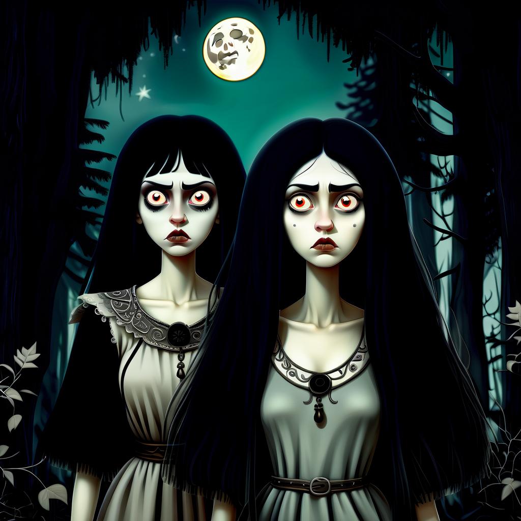  two terrible girls with black hair close up at night in the forest at the moon, baba yaga, slavic fairy tales