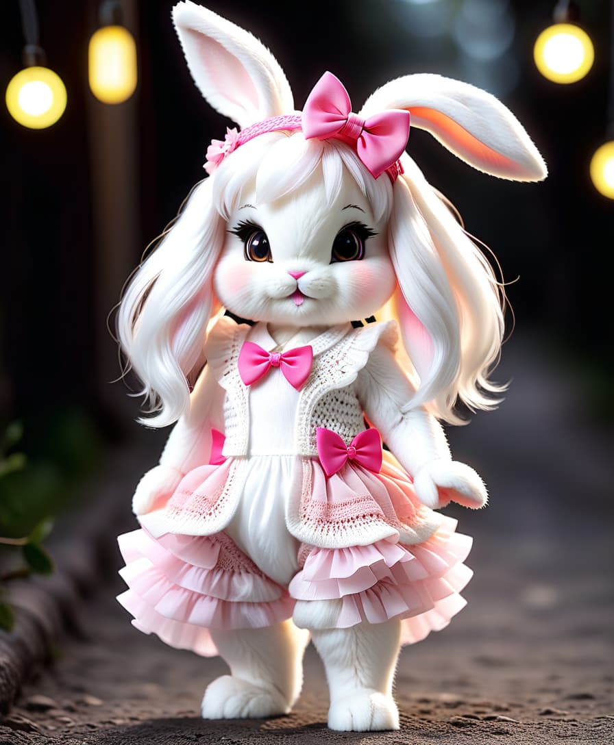  long exposure photo of a very cute white and pink fluffy bunny, cute cute, with long floppy and fluffy ears, with a fashionable elegant crochet headband with a bow, and decorations, standing on two legs, in a crocheted white and pink jumpsuit with ruffles, tulle ruffles, with draperies, with ruffled tulle, with a bow, a peplum, very detailed, dressed in beautiful crocheted shoes with a bow, flying fireflies and neon hearts, glare of light, radiance, fabulously beautiful, tenderness, love, aesthetics, professional photo, realism, high resolution, high detail , iso 100, f/2.8, 4k, 1/250 s, 30mm lens, bright light . blurred motion, streaks of light, surreal, dreamy, ghosting effect, highly detailed, sticker hyperrealistic, full body, detailed clothing, highly detailed, cinematic lighting, stunningly beautiful, intricate, sharp focus, f/1. 8, 85mm, (centered image composition), (professionally color graded), ((bright soft diffused light)), volumetric fog, trending on instagram, trending on tumblr, HDR 4K, 8K