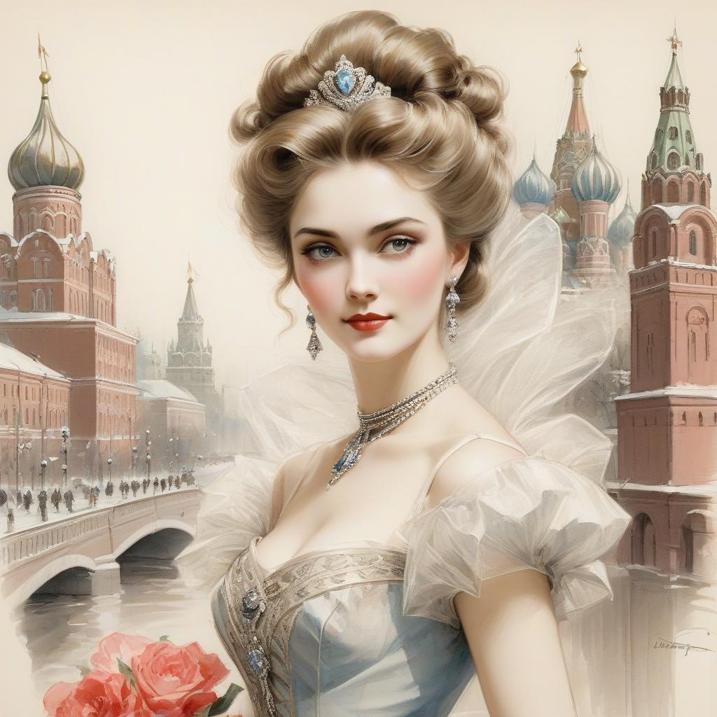  retail packaging style portrait of a beautiful 19th century russian countess against the background of old moscow. harrison fisher, pencil drawing on paper, intricate details . vibrant, enticing, commercial, product focused, eye catching, professional, highly detailed