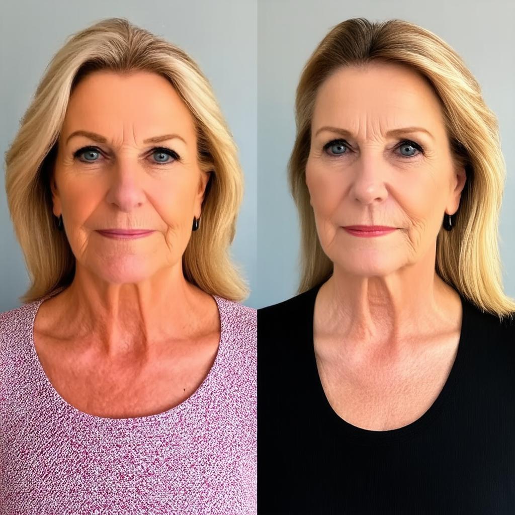  woman posing before and after facelift. face fitness results, plastic. mature woman before and after aesthetic beauty cosmetic procedure. skin aging, facial wrinkles treatment, skincare {prompt}, maximum details